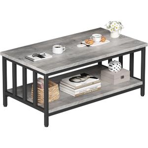 Homeiju Coffee Table for Living Room with Slatted Sides Frame, Modern Farmhouse Living Room Table with 2-Tier Storage Shelf for Home Office, Apartment, Grey Wash, 39 inch, 39.4L*21.6W*18.1H