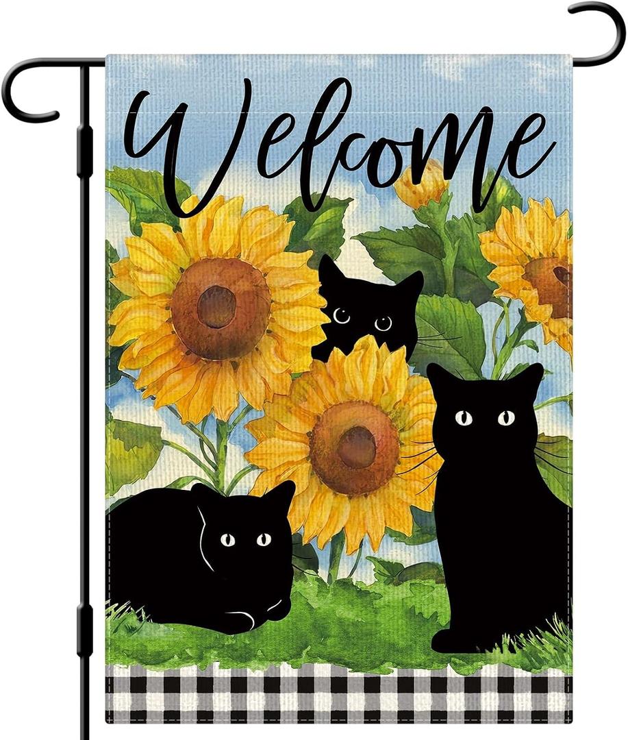 DLZDN Summer Cat Garden Flag Sunflower Black Cat Garden Flag 1218 Inch Double Sided Buffalo Plaid Farmhouse Welcome Yard Flag Spring Summer Seasonal Outdoor Decor