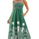 Spaghetti Strap Maxi Dress Women Smocked Midi Dresses Flower Embroidered Summer Sundress Boho Beach Vacation, Large