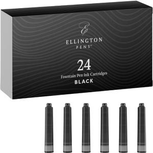 Ellington Pens 24 Black Fountain Pen Ink Refills - 24 Pack International Standard Size Cartridges - Ink for Fountain Pens - Premium Quality & Non-Toxic, Long-Lasting & Waterproof, Dries Quickly