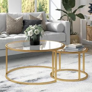 Round Nesting Coffee Table Gold Set of 2 for Living Room, Modern Side Tables with Sturdy Metal Frame and Tempered Glass.Minimalist End Table, Cocktail Table for Dining Room, Home Decor