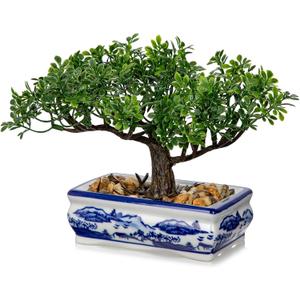 Artificial Bonsai Tree with Blue and White Porcelain Pot, Fake Bonsai for Home Office Desk Decor, Oriental Zen Tabletop Decoration, Faux Bonsai Plant for Living Room, Shelf & Gift