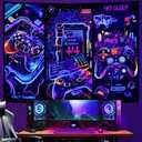 Galoker Blacklight Gaming Tapestry Cool Neon Game Controller Tapestry UV Reactive Gamer Player Wall Tapestries Funny Art Gaming Poster Tapestries Wall Hanging for Home Decor (59.1"L x 51.2"W)