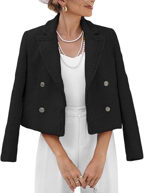 2025 Women's Spring Tweed Blazer Fashion Warm Fully-Lined Elegant Trendy Casual Double-Breasted Jacket with Pockets (Black) M