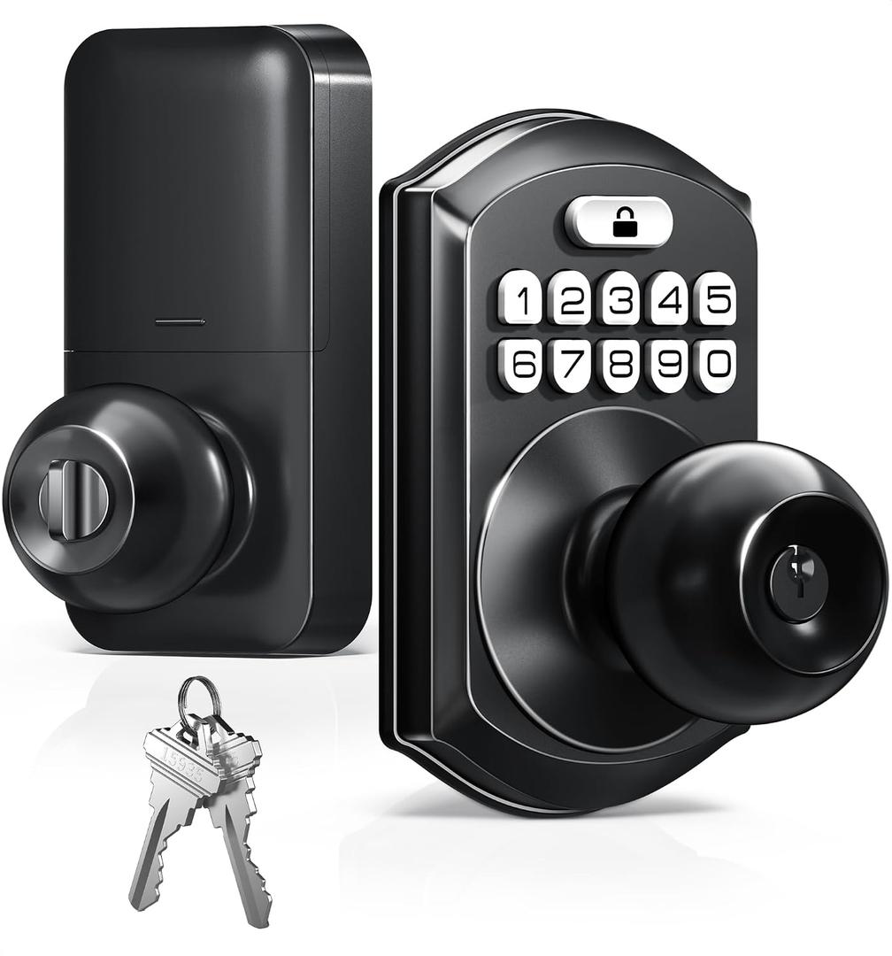 TEEHO TE003 Keyless Entry Keypad Door Lock with Handle, Electronic Digital Smart Locks for Front Door, Smart Door Knob with Code for Bedroom, Auto Lock, Passage Mode, Easy to Install, Matte Black