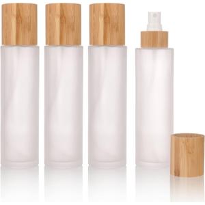 COSIDEA 4 pcs Empty5oz /150ml Bamboo Lid Frosted Glass Spray Bottle With Fine Mist Despenser Head For Liquid Perfume Toiletries Containers, Toner Bottles
