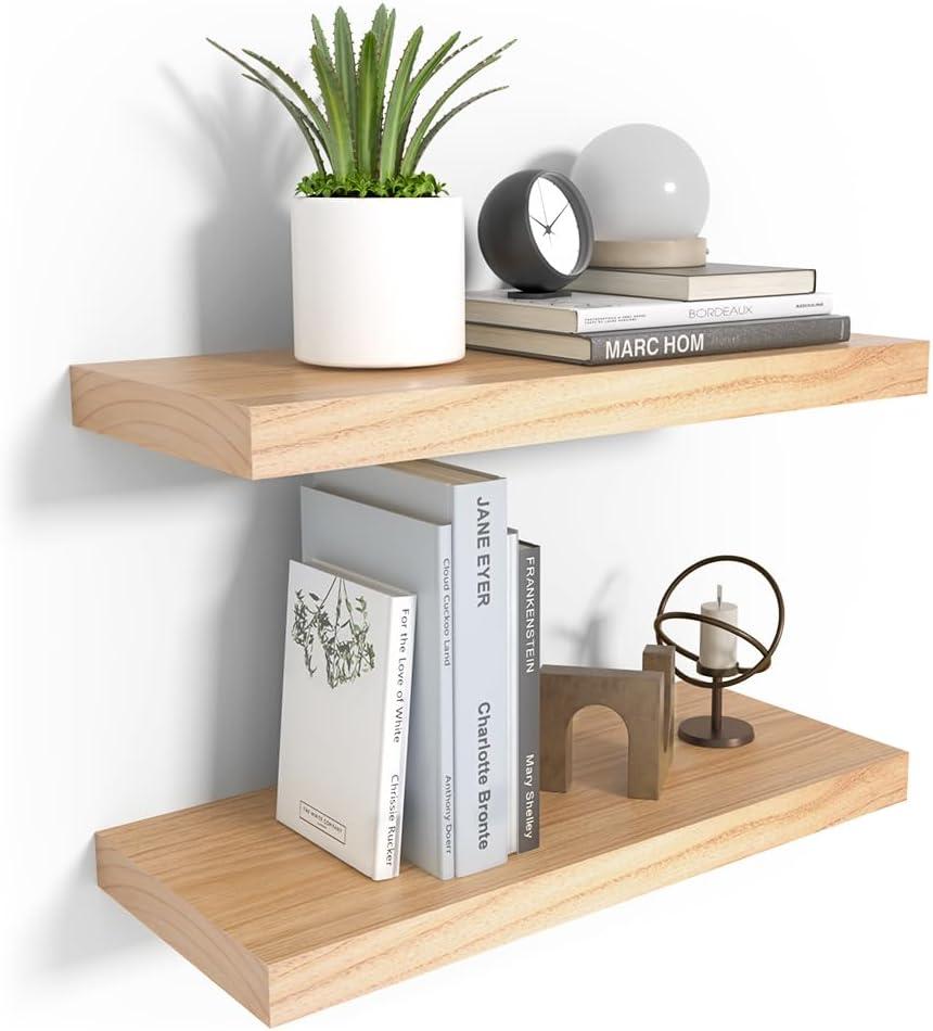 Floating Shelves for Wall, Natural Wood Shelf Decor for Bathroom Kitchen Bedroom, Hanging Mounted Invisible Bracket, Small 17 inch, Rustic Burlywood