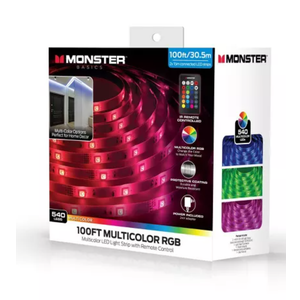 Monster 100' RGB LED Light Strip Indoor: 100ft Multicolor USB Powered Tape Lights, 540 LEDs, 4 Settings, CR2025 Battery