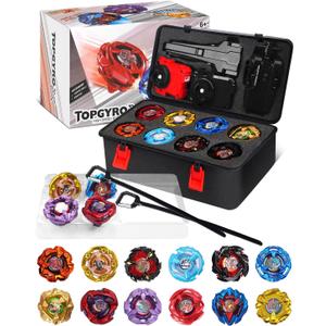 DEZAWRTY Gyro X Set, 12 Right Spinning X Blade Tops, 2 Ripcord Launchers, 1 String Launcher and 1 Grip with Storage Box, Battling Game Kids Toys Boys Birthday Gift Ideal for 6+ Years Old