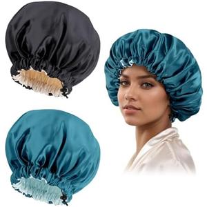 Satin Silk Bonnet for Curly Hair Braid Bonnets for Sleeping for Women Large Double-Layer Adjustable(Black&Blue Zircon)