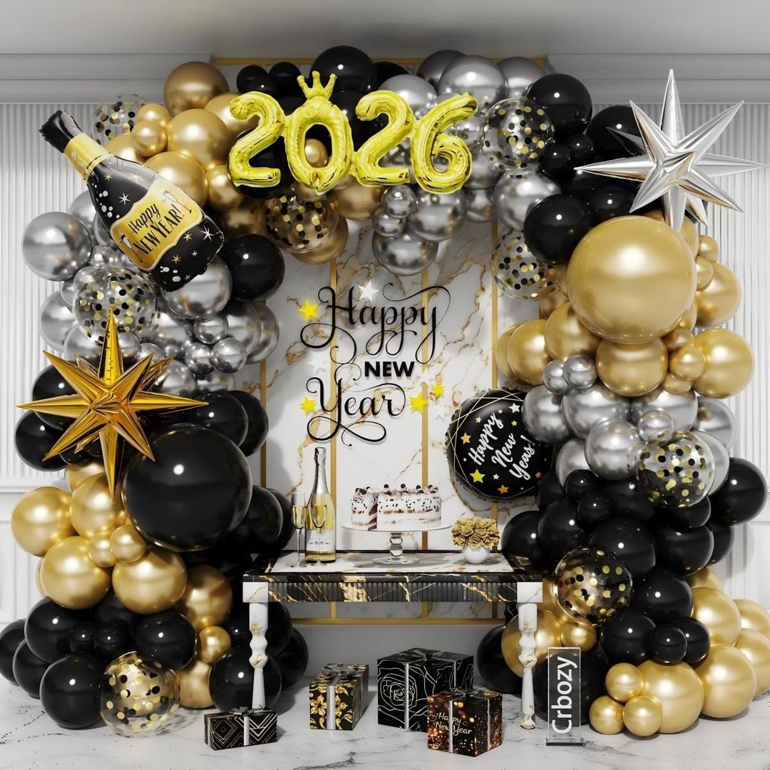 134Pcs Happy New Year Balloon Arch Garland Kit, Black Gold Silver Latex Balloons with Explosion Star Champagne 2026 Foil Balloons for 2026 New Year Eve Anniversary Wedding Birthday Party Decorations