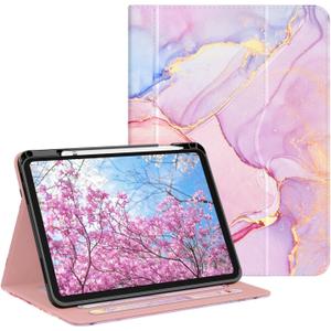 OKP Case for iPad 11-inch (A16) 2025 / 10th Generation 2022, for ipad 11th /10th 10.9 inch with Multi-Angle Viewing PU Leather Stand Cover with Pencil Holder & Pocket, Auto Sleep/Wake, Marble Rosegold