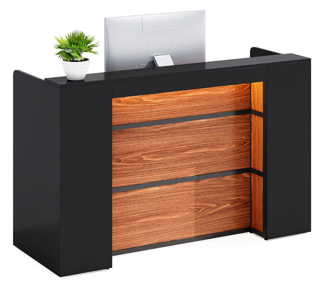LITTLE TREE 63 Inches Reception Desk, Modern Reception Table with LED Light, Front Counter Desk, Wooden Checkout Counter for Lobbies, Salons, Retail, Home Offices, Reception Room, Black & Brown