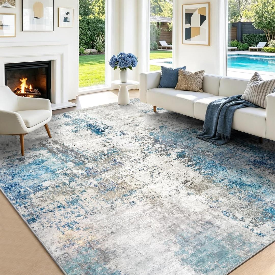 Washable Area Rug Living Room Rugs 8X10 - Neutral Modern Abstract Rugs Soft Carpet with Non Slip Backing for Under Dining Room Table, Bedroom, Home, Office, Light Blue