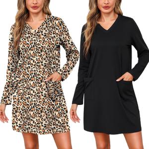 Marvmys Women Long Sleeve Nightgowns Comfy V Neck Nightshirts 2 Pack Sleep Shirts with Pockets Sleepwear S-3XL (XX-Large, Black&brown Leopard)