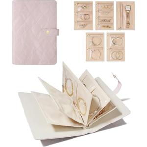Travel Jewelry Organizer Case, Jewelry Storage Book Ring Binder with Clear Zipper Velvet Pouches for Necklaces, Rings, Earrings, Bracelets Gifts for Women Pink