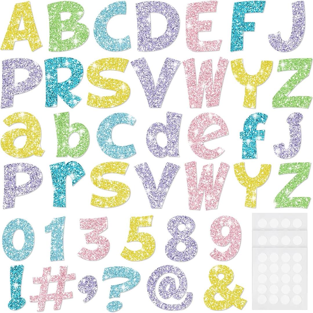 Colarr 216 Pcs Glitter Bulletin Board Letters for Classroom Number Alphabet 4 Inch Poster Board Letter with Adhesive Dot Punctuation Symbol Cutout Bulletin Display School (Mixed)
