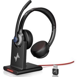 Wireless Headset with AI Noise Cancelling Microphone Bluetooth Headset - Bluetooth V5.2 Headphones with USB Dongle, Charging Base & Mic Mute for Computer/Laptop/PC/iPhone/Android/Cell Phones (Black)