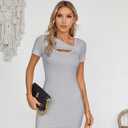 VICHYIE Womens Summer Dresses Cutout One Piece Ribbed Bodycon Mini Short Sleeve Casual Slim Fitted Pencil Dresses (Gray, XL)