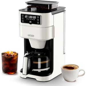 Drip Coffee Maker with Built-in Grinder, 10-Cup Coffee Machine with 24-Hour Delay Timer, Touch Screen, Self-Cleaning, Reusable Filter, 1.5L Removable Water Tank, Warming Plate, White