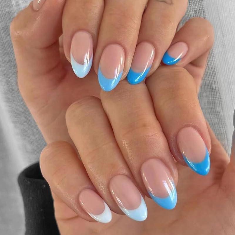24pcs Short Almond False Nails French Tip Sky Blue Edge Stick on Nails Nude Pink Press on Nails Removable Glue-on Nails Full Cover Fake Nails Women Brides Nail Art Accessories