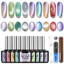 Gel Nail Polish Set, Cat Eye Gel Polish Kit, Holographic Magnetic Shimmer Glitter Purple Pink Red Blue Green Gray Aurora Nail Art, Manicure Salon DIY Gifts, Soak Off, UV/LED Cured (9 Colors H)
