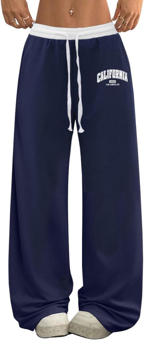 SOFIA'S CHOICE Women's Low Waisted Drawstring Sweatpants Color Block Long Pants with Pockets Blue-GD3 X-Large (Blue, XL)