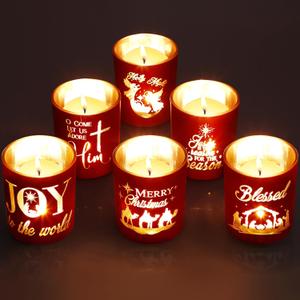 Mumufy Set of 6 Christmas Nativity Votive Candle Holders with 10 Candles Advent Tealight Holders Red Christmas Glass Centerpiece for Xmas Table Decoration Home Party Wedding