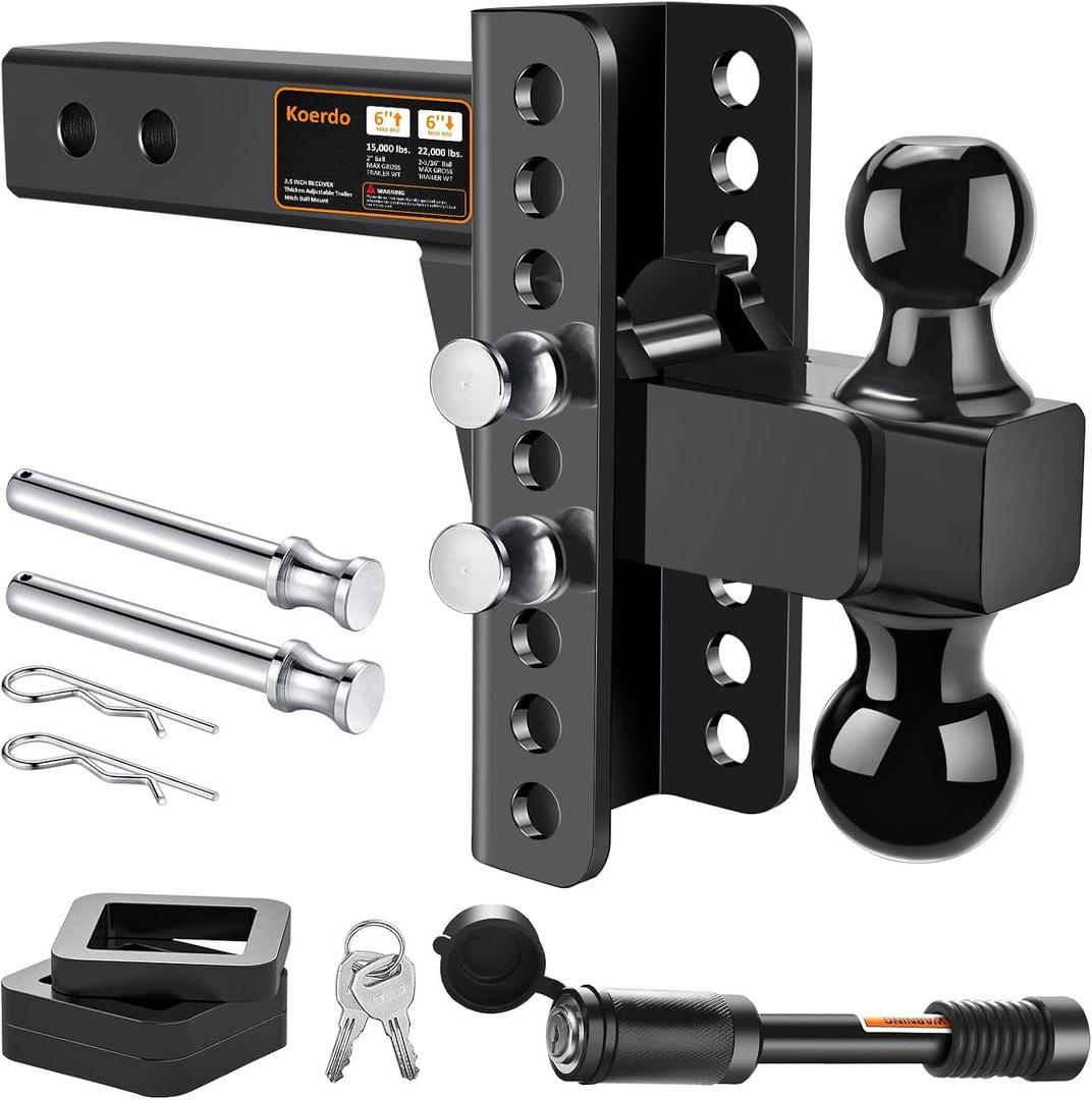 Adjustable Trailer Hitch -Drop Hitch-Tow Hitch with 2.5 inch Receiver-6inch Drop/Rise, 2" & 2-5/16" Ball Hitches for Trucks, 22,000 LBS GTW, Trailer Hitches with Anti-Theft Pin, Black