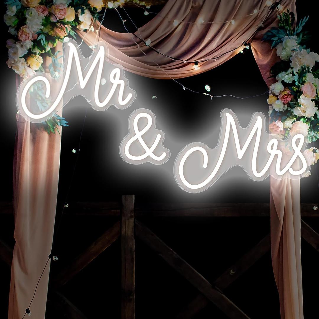 Mr and Mrs Neon Sign for Wedding 25 x 7 Inches Neon Light LED Backdrop Wall Decor USB Wedding Reception Decoration Gifts for Anniversary Engagement Banquet(Cold White)