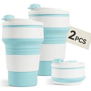 2Pcs Collapsible Cup for Traveling, Collapsible Silicone Travel Cup for Hot and 2 Drinks, Leak Proof Silicone Folding Travel Coffee Mug for Camping & Hiking, BPA Free 12oz Blue