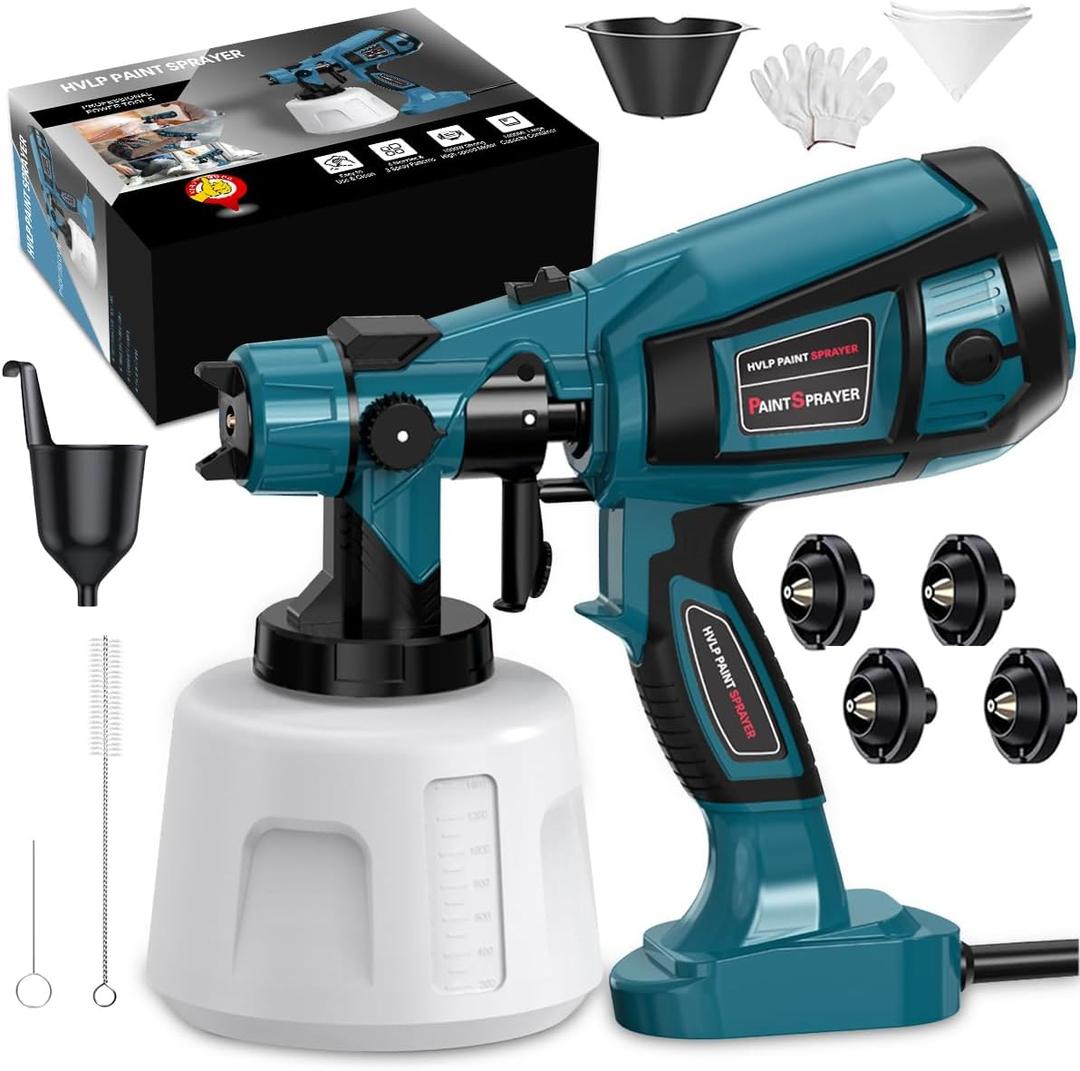 1000W High Power Paint Sprayer - HVLP Electric Spray Paint Gun with 4 Copper Nozzles & 3 Patterns, Large Capacity Power Painter for Furniture, Cabinets, Fence & House Painting (Blue)