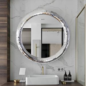 23.6inch Round Decorative Wall Mirror with Mosaic Glass Frame, Silver Bathroom Vanity Mirror