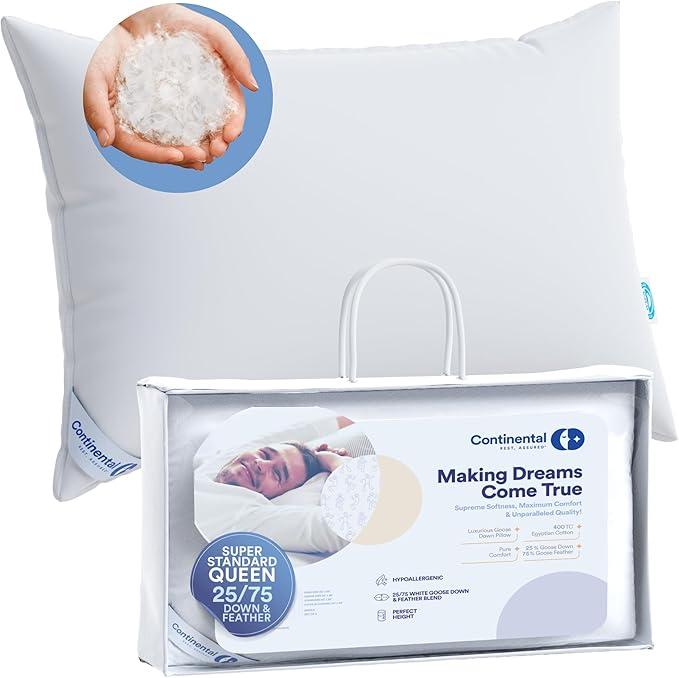 Continental Bedding Feather Goose Down Pillows - Luxury & Breathable Bed Pillows for Sleeping, Back, Side & Stomach Sleepers - Standard/Queen Size, Pack of 1-25% Down & 75% Feather Filled