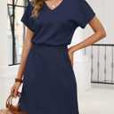 ANRABESS Womens Summer Dresses Casual V Neck Short Sleeve Elastic Waist Mini Tshirt Dress Beach Vacation Sundress with Pocket (Blue, XXL)