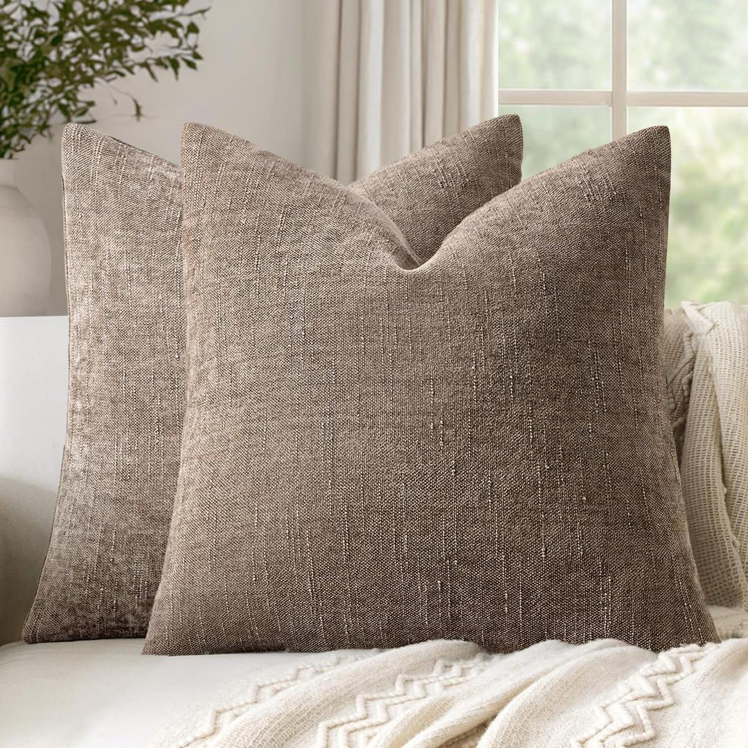 Woaboy Set of 2 Textured Throw Pillow Covers Decorative Soft Accent Square Chenille Pillowcases Neutral Farmhouse Cushions Modern Home Decor for Couch Sofa Bedroom Living Room 24x24 Inch, Taupe Gray