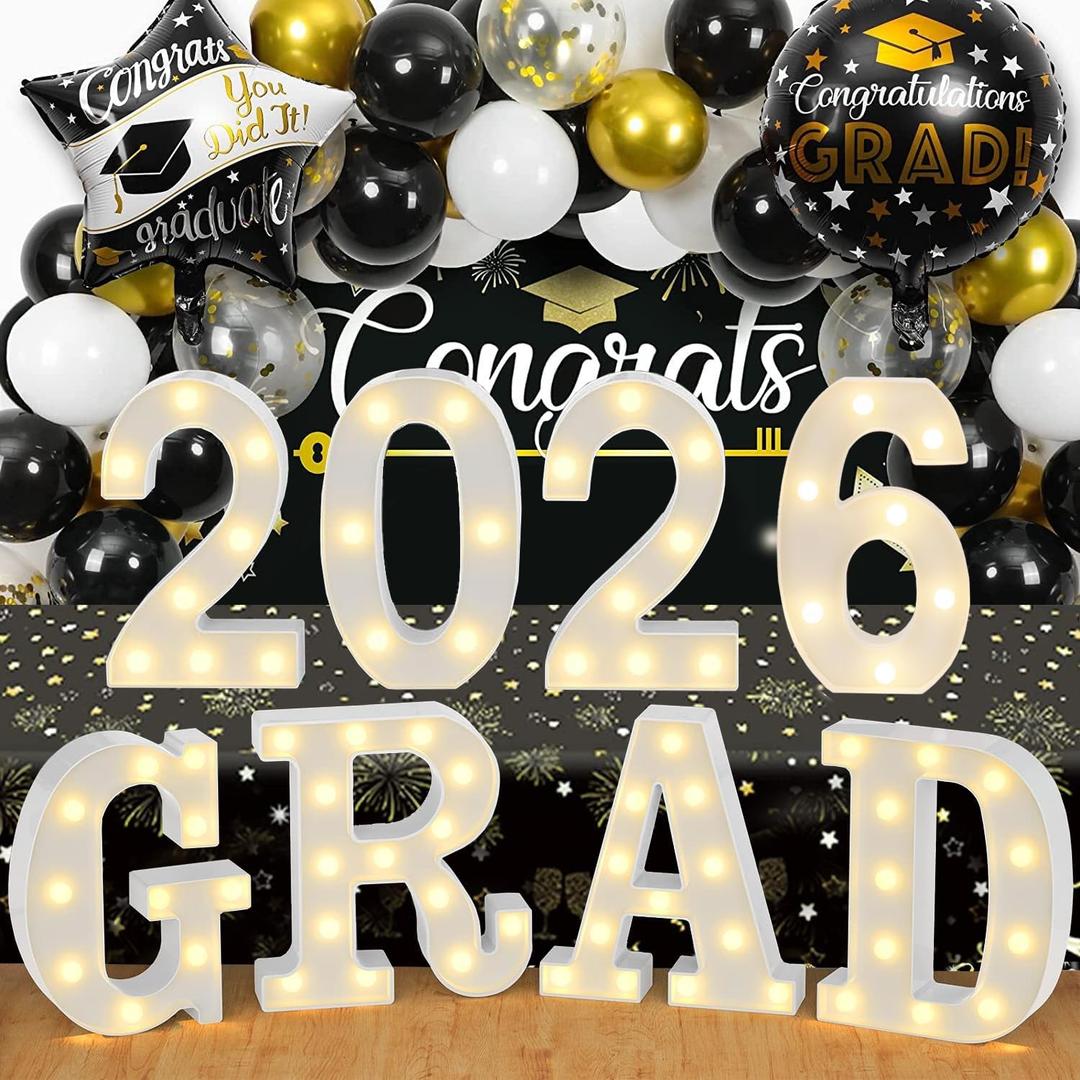 9 LED Marquee Letter Lights Grad 2026 Sign, Grad 2025/6 Light up Letters for graduation decorations, Class of 2026 Lights Decoration for High School Senior College Graduation Party Favor Supplies