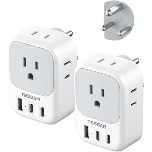 US to India Plug Adapter 2 Pack, TESSAN Type D Travel Adapter with 4 Outlets 3 USB (2 USB-C), Power Adaptor for US to India Nepal Maldives Pakistan Bangladesh Sri Lanka Bhutan Yemen (White-gray-Type D)
