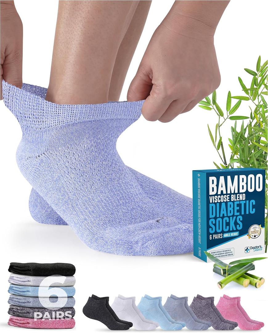 Doctor's Select Viscose Bamboo Ankle Diabetic Socks for Women and Men - 6 Pairs | Super Soft, Non Binding, Loose Wide Top (Large)