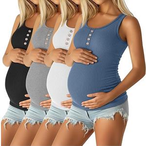 4 Pack Women's Maternity Tank Tops Henley Cotton Scoop Neck Shirt Ribbed Side Ruched Sleeveless Pregnancy Clothes XXL