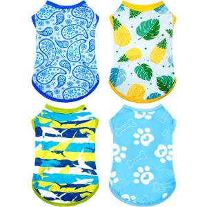 PET SHOW 4 Pack Summer Dog Shirts for Small Dogs Boy UPF 50+ UV Sun Protection Cooling Clothes Tank Top Shark Puppy T-Shirts Pet Holiday Party Sleeveless Vest Blue(Medium)