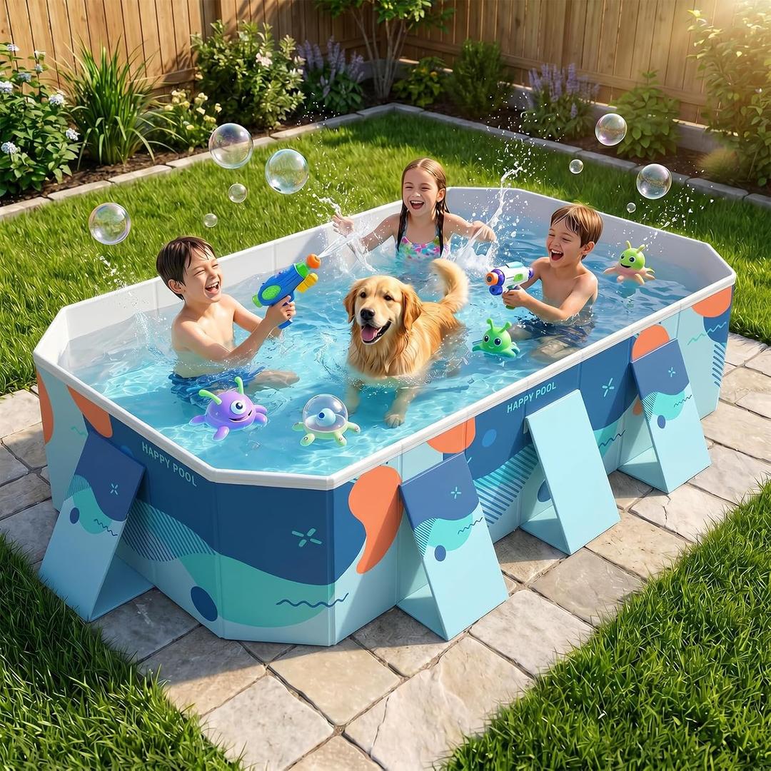 113" Foldable Pool for Adults & Kids, Large Capacity Non Inflatable Pool, Portable Hard-Side Foldable Swimming Pool, Above Ground Pool for Indoor Outdoor Backyard, Garden & Patio (Delft Blue)