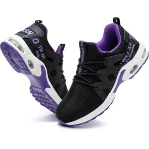 Steel Toe Shoes for Women Indestructible Safety Work Shoes Air Cushion Lightweight Breathable Utility Sneakers Puncture Proof Slip Resistant Composite Toe Footwear (8.5, Black,purple)