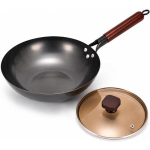 Calmabode 13 Large Flat Bottom Carbon Steel Wok with Glass Lid | Large Deep Wok, Pre-Seasoned Nitrided Carbon Steel, Amber Glass Lid, Ideal for Big Family Stir-Fry, Frying and Hearty Meals