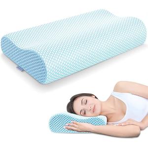 Anvo Memory Foam Pillow, Neck Contour Cervical Orthopedic Bed Pillow for Sleeping Side Back Stomach Sleeper, Ergonomic Design for Neck and Shoulder Pain Relief, White Blue, Soft, 24x13