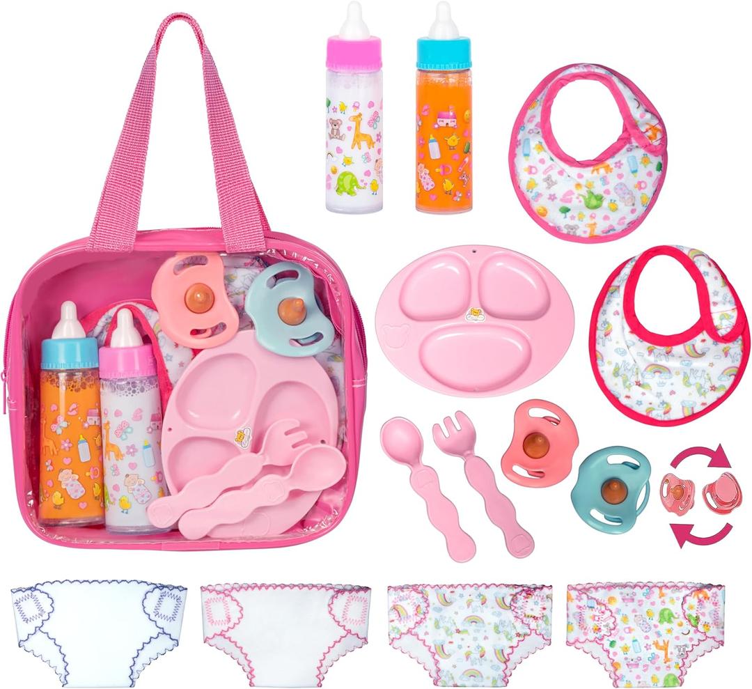 My Sweet Baby 13-Piece Doll Feeding & Diaper Bag Set Disappearing Milk Bottles, Bibs, Pacifiers, Diapers & Accessories Set Pretend Play Baby Doll Care Kit for Girls Fits 12,18  Dolls