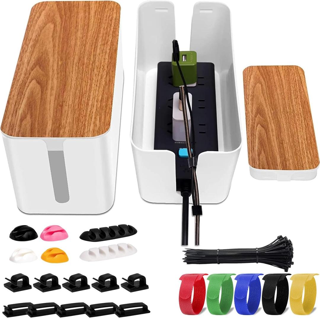 YUANYE Cable Management Box 2 Pack with 122 Cable Clips Set, Large Cord Organizer Box Hide Power Strip for Computer, Router, USB Hub and Under Desk Power Strip, Safe ABS Material Cord Management (White)