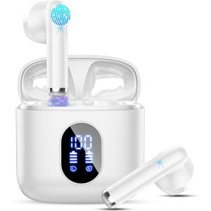 Wireless Earbuds, Bluetooth Headphones 5.4 with ENC Noise Cancelling Mics, 30H Bluetooth Ear Buds 3D Bass with LED Display Charging Case, IP7 Waterproof Wireless Earphones for Android/iOS White