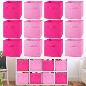 Yinder 12 Pcs Cube Storage Bin Pink 11'' Storage Bins for Playroom Decor Colorful Bins for Kids Foldable Baskets for Nursery Organizer Boxes Fabric Boxes (10.5''x10.5''x11'', Dark Pink, Light Pink)