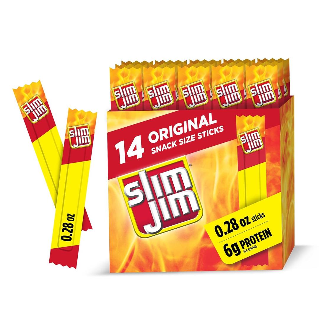 Slim Jim Smoked Meat Sticks, Original Flavor, 6g Protein Per Serving, Snack Size, Stocking Stuffer, 0.28 oz. (14 Count) (3.92 Ounce (Pack of 1))